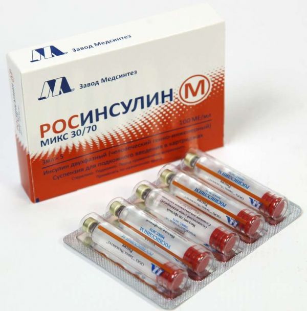 Росинсулин м микс 30/70 100ме/мл 3мл 5 шт суспензия для подкожного введения картридж